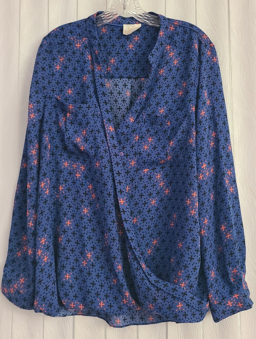 Maeve Sz 14 Blue Orange Faux Wrap Lightweight Work Office Blouse